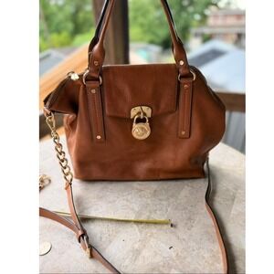 Michael Kors Hamilton Satchel Brown Pebbled Leather Gold Hardware Crossbody Bag